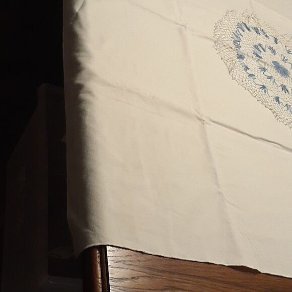 Cute ecru linen 48" X 49 tablecloth and handmade crocheted doily to add elegance - Picture 3 of 5